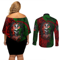Skulls Aztec Warriors Couples Matching Off Shoulder Short Dress and Long Sleeve Button Shirts - Wonder Print Shop