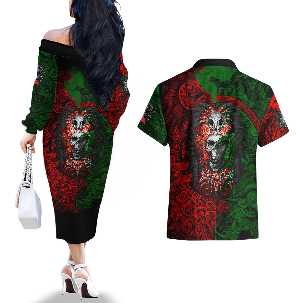 Skulls Aztec Warriors Couples Matching Off The Shoulder Long Sleeve Dress and Hawaiian Shirt - Wonder Print Shop