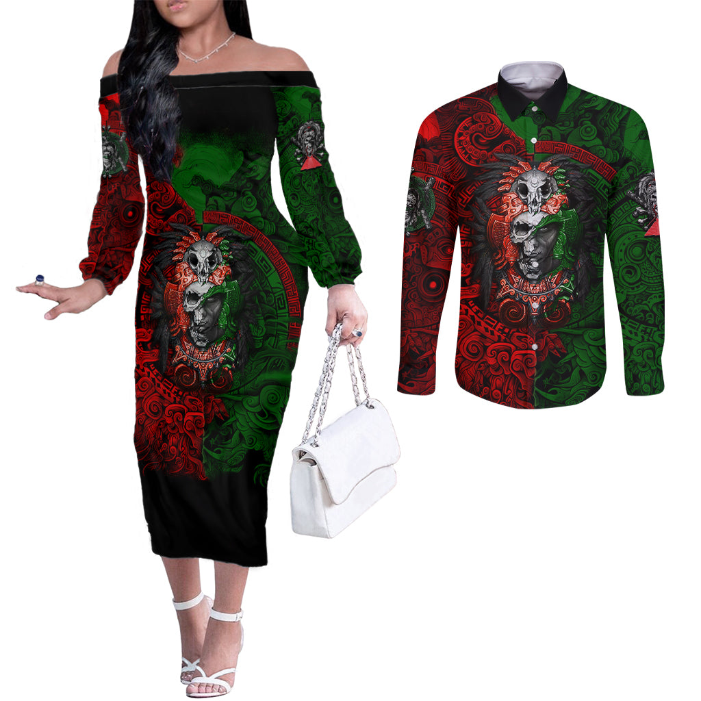 skulls-aztec-warriors-couples-matching-off-the-shoulder-long-sleeve-dress-and-long-sleeve-button-shirts