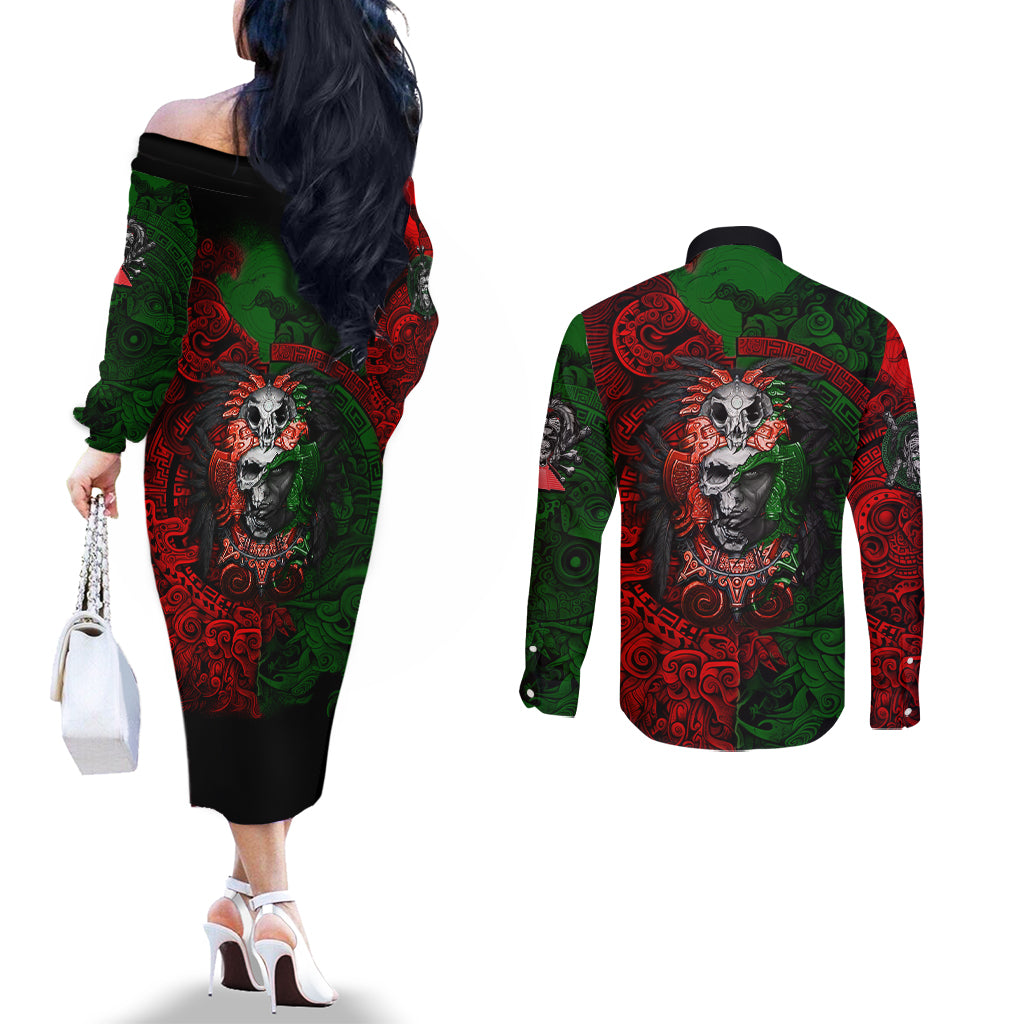 skulls-aztec-warriors-couples-matching-off-the-shoulder-long-sleeve-dress-and-long-sleeve-button-shirts