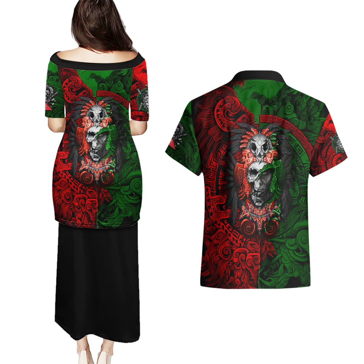 Skulls Aztec Warriors Couples Matching Puletasi Dress and Hawaiian Shirt - Wonder Print Shop