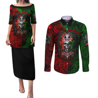 Skulls Aztec Warriors Couples Matching Puletasi Dress and Long Sleeve Button Shirts - Wonder Print Shop