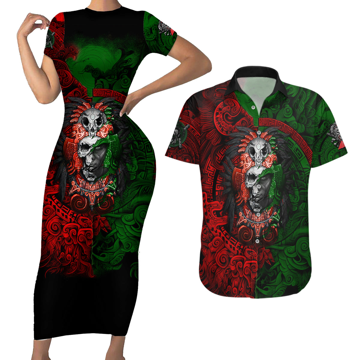 Skulls Aztec Warriors Couples Matching Short Sleeve Bodycon Dress and Hawaiian Shirt - Wonder Print Shop