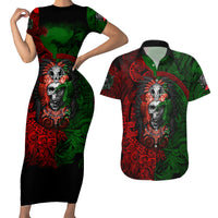 Skulls Aztec Warriors Couples Matching Short Sleeve Bodycon Dress and Hawaiian Shirt - Wonder Print Shop
