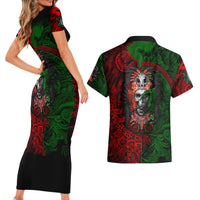 Skulls Aztec Warriors Couples Matching Short Sleeve Bodycon Dress and Hawaiian Shirt - Wonder Print Shop