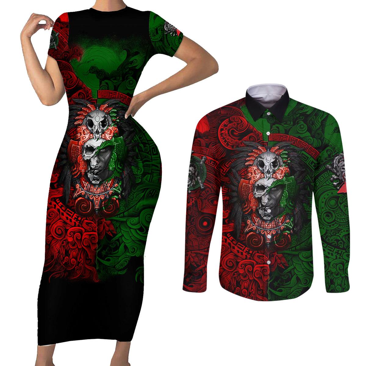 Skulls Aztec Warriors Couples Matching Short Sleeve Bodycon Dress and Long Sleeve Button Shirts - Wonder Print Shop