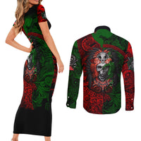 Skulls Aztec Warriors Couples Matching Short Sleeve Bodycon Dress and Long Sleeve Button Shirts - Wonder Print Shop