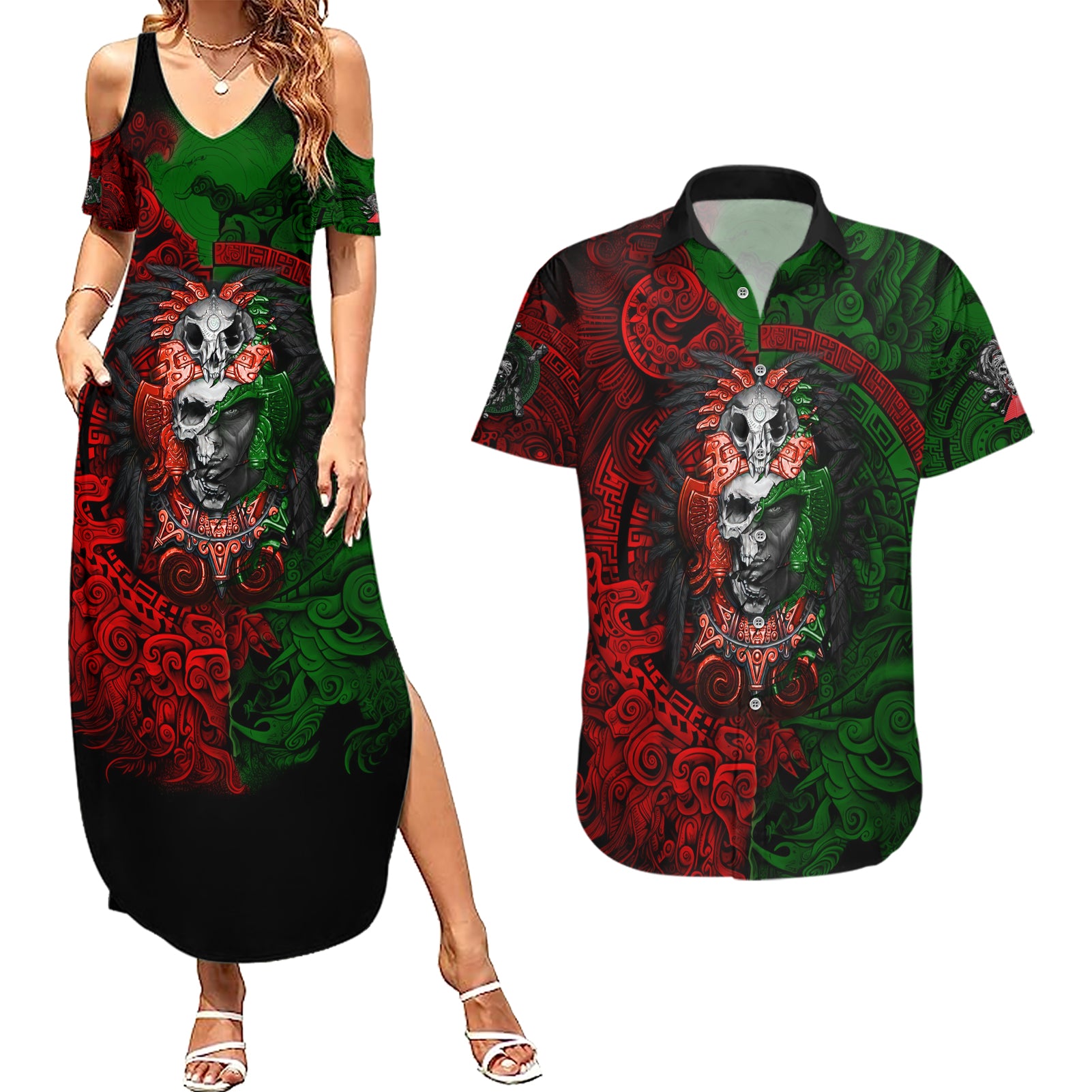 Skulls Aztec Warriors Couples Matching Summer Maxi Dress and Hawaiian Shirt - Wonder Print Shop