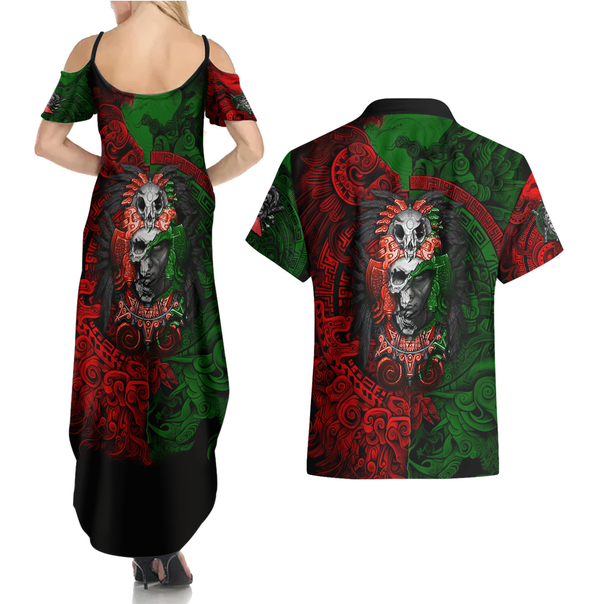 Skulls Aztec Warriors Couples Matching Summer Maxi Dress and Hawaiian Shirt - Wonder Print Shop