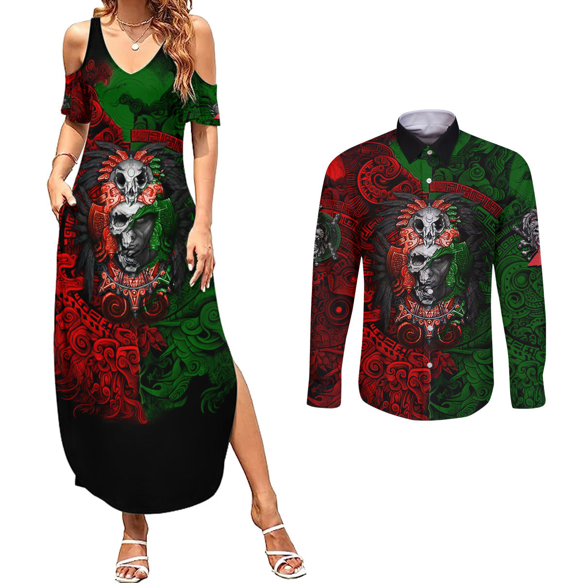 Skulls Aztec Warriors Couples Matching Summer Maxi Dress and Long Sleeve Button Shirts - Wonder Print Shop