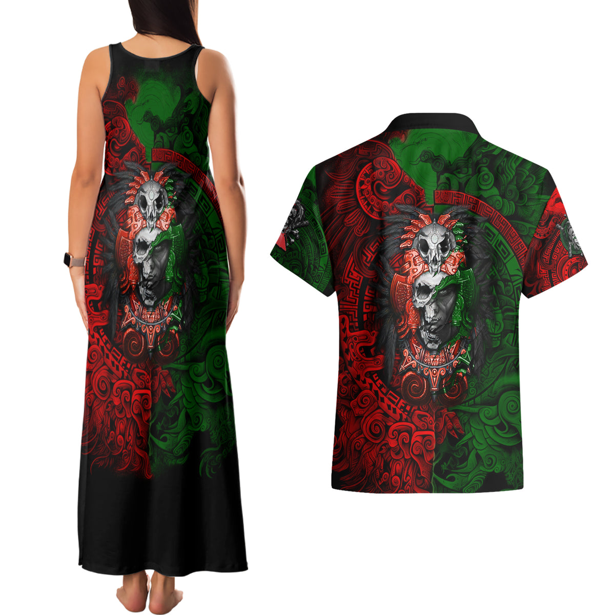 Skulls Aztec Warriors Couples Matching Tank Maxi Dress and Hawaiian Shirt - Wonder Print Shop