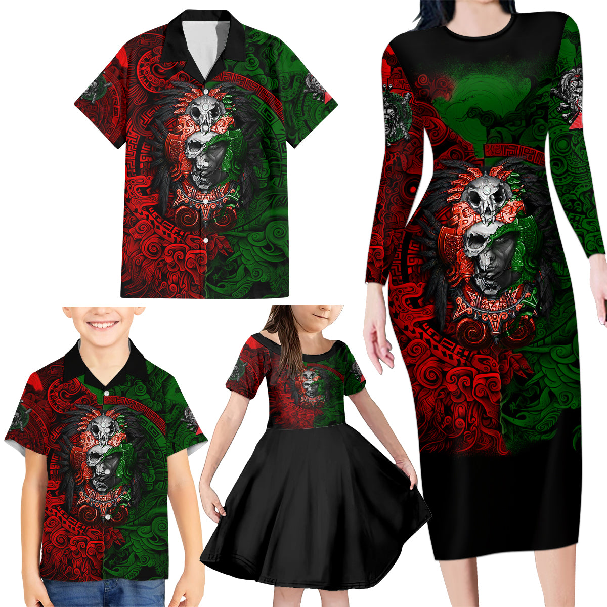 Skulls Aztec Warriors Family Matching Long Sleeve Bodycon Dress and Hawaiian Shirt - Wonder Print Shop