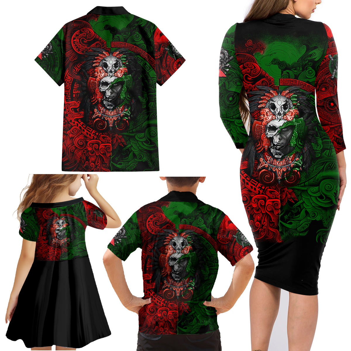 Skulls Aztec Warriors Family Matching Long Sleeve Bodycon Dress and Hawaiian Shirt - Wonder Print Shop