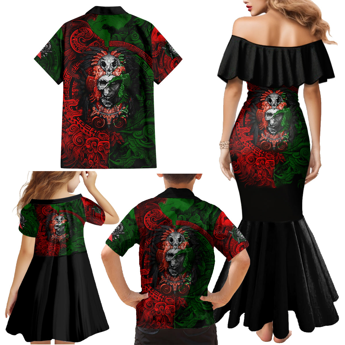 Skulls Aztec Warriors Family Matching Mermaid Dress and Hawaiian Shirt - Wonder Print Shop