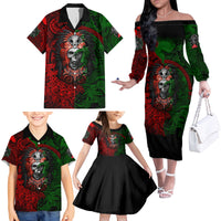 Skulls Aztec Warriors Family Matching Off Shoulder Long Sleeve Dress and Hawaiian Shirt - Wonder Print Shop