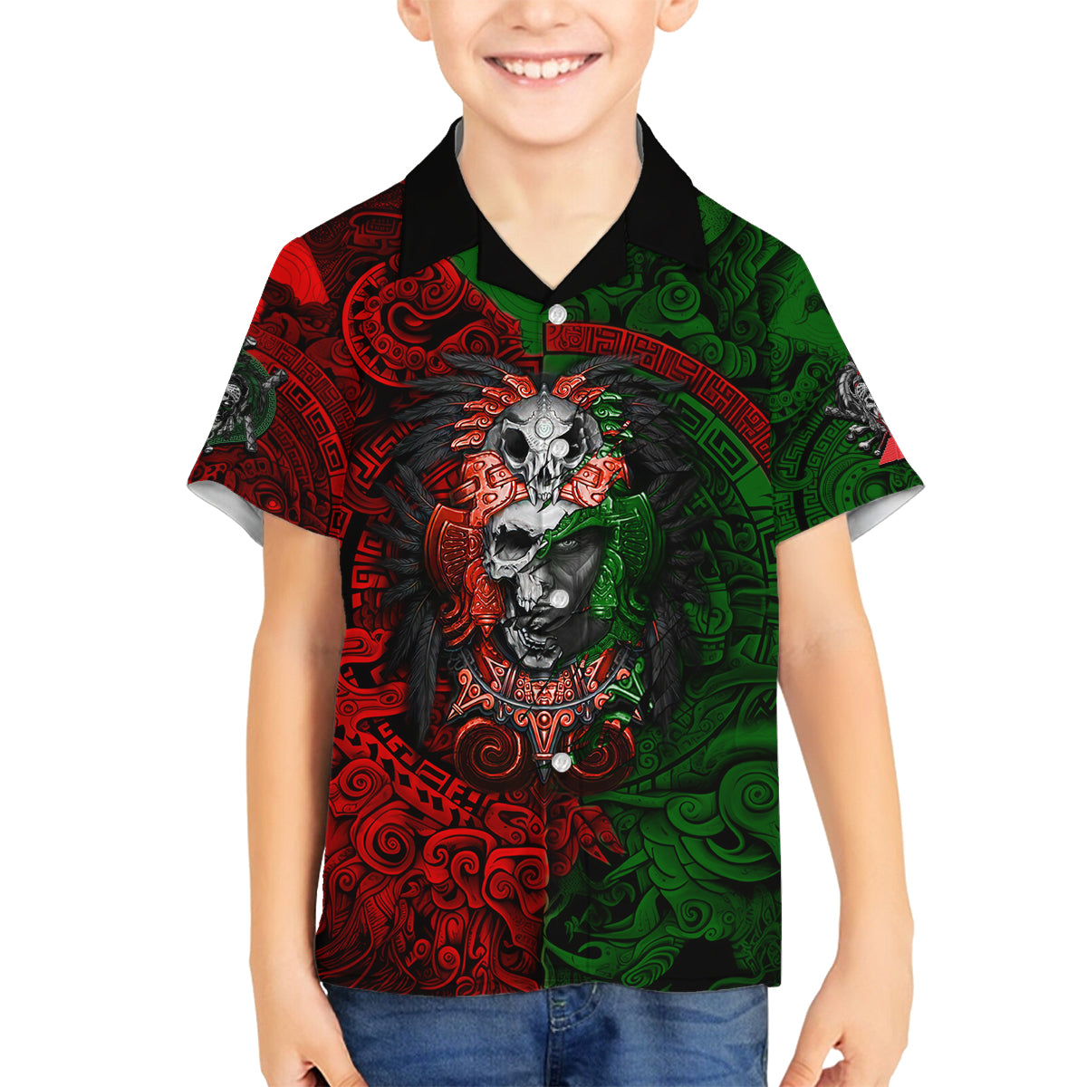 Skulls Aztec Warriors Family Matching Off Shoulder Long Sleeve Dress and Hawaiian Shirt - Wonder Print Shop