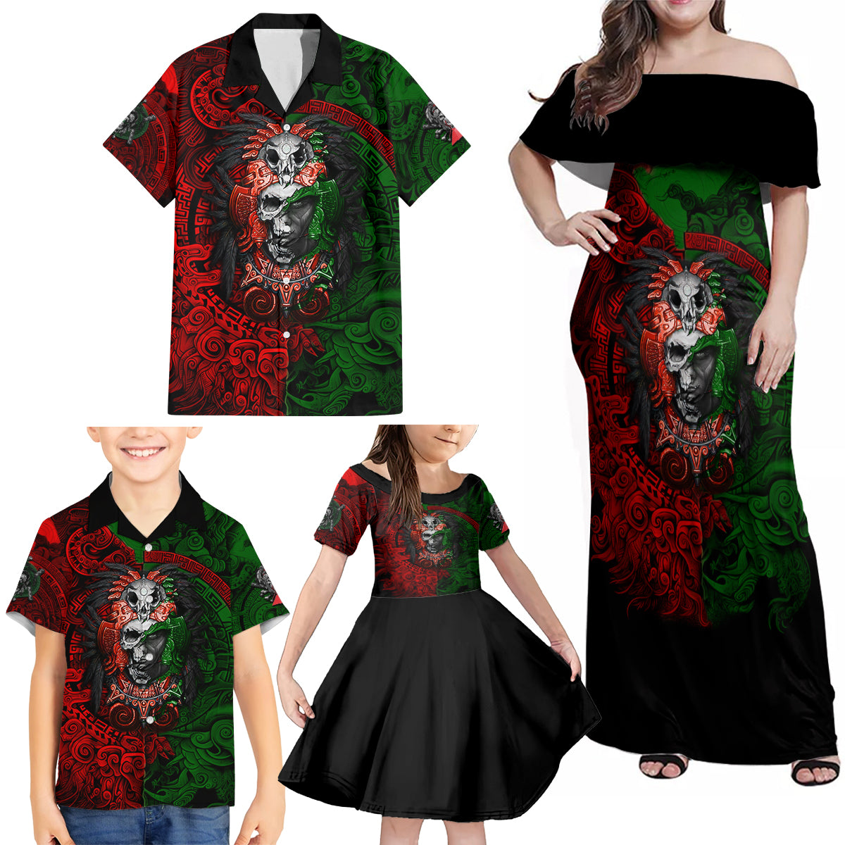 Skulls Aztec Warriors Family Matching Off Shoulder Maxi Dress and Hawaiian Shirt - Wonder Print Shop