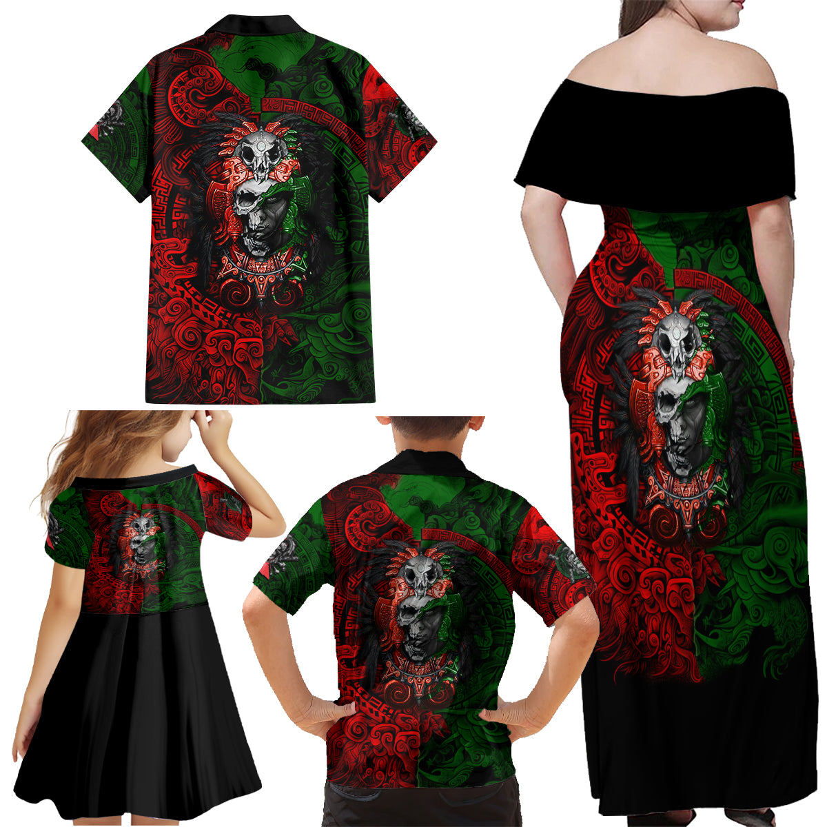 Skulls Aztec Warriors Family Matching Off Shoulder Maxi Dress and Hawaiian Shirt - Wonder Print Shop