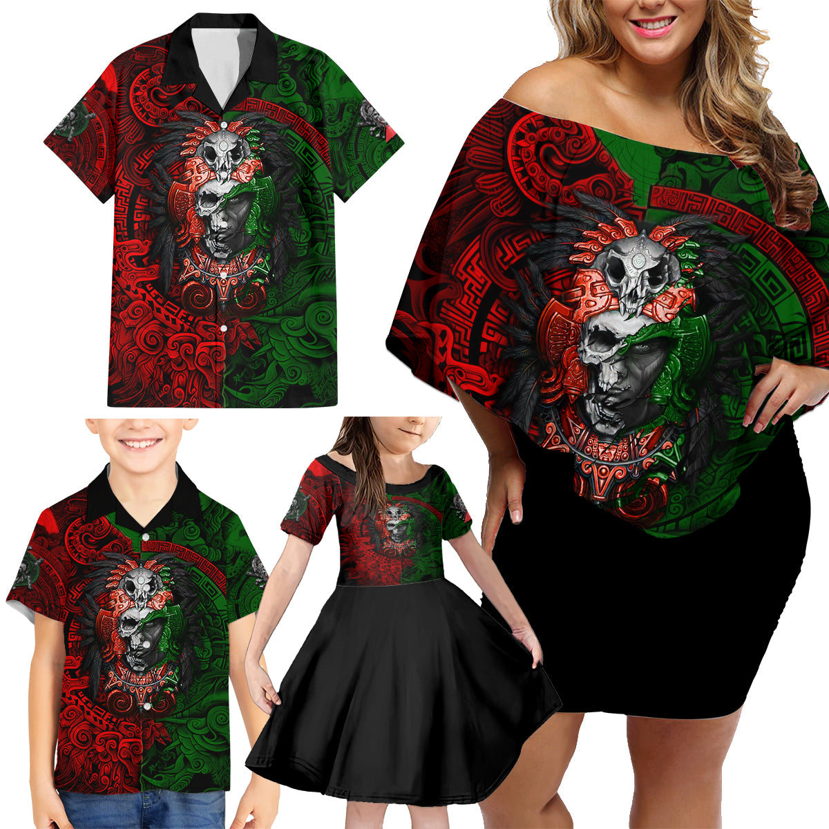 Skulls Aztec Warriors Family Matching Off Shoulder Short Dress and Hawaiian Shirt - Wonder Print Shop