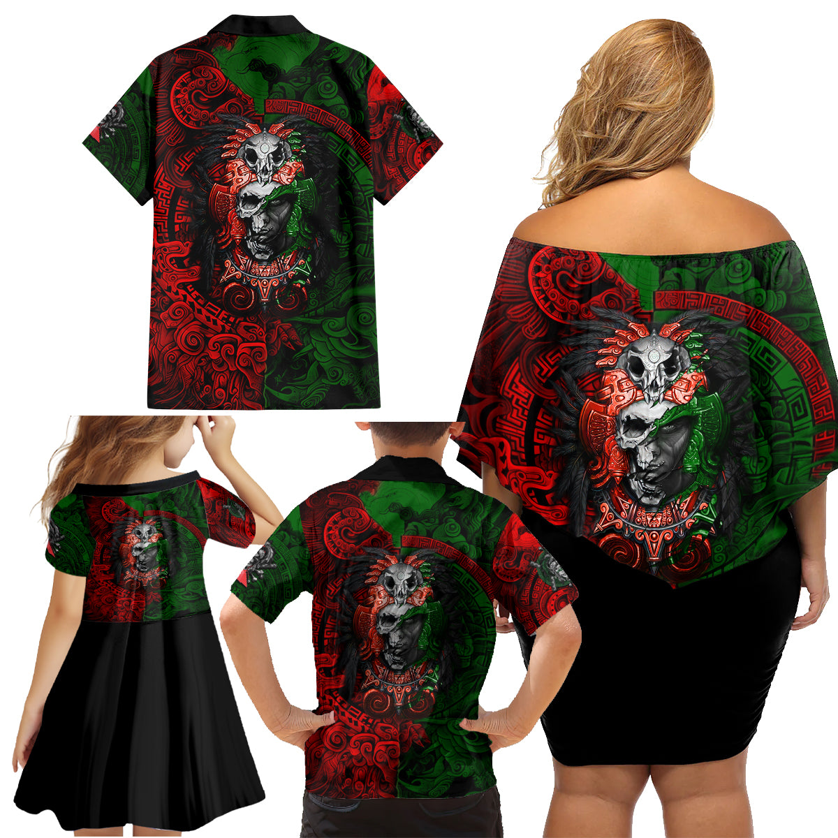Skulls Aztec Warriors Family Matching Off Shoulder Short Dress and Hawaiian Shirt - Wonder Print Shop