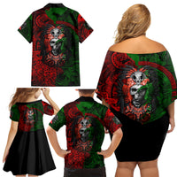 Skulls Aztec Warriors Family Matching Off Shoulder Short Dress and Hawaiian Shirt - Wonder Print Shop