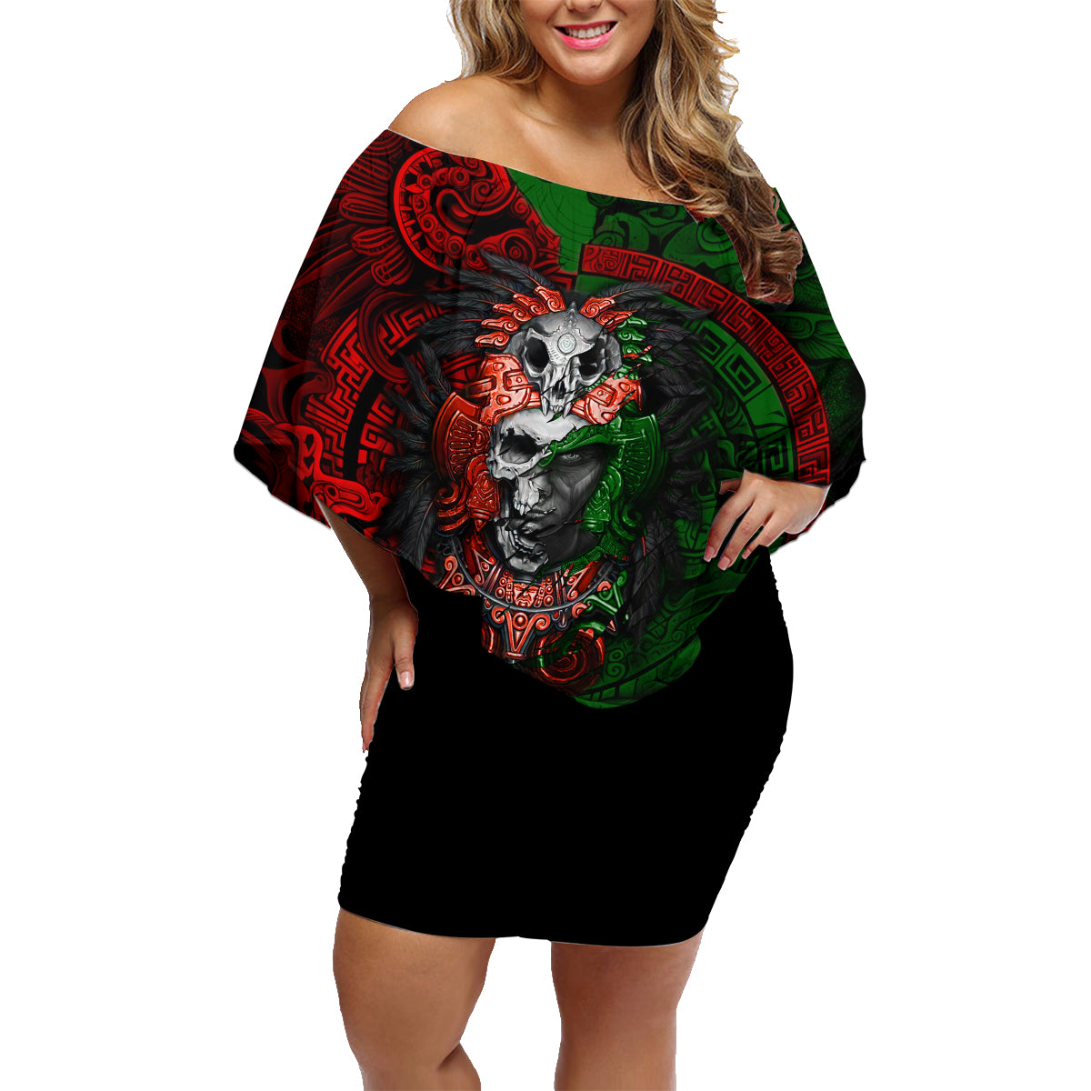 Skulls Aztec Warriors Family Matching Off Shoulder Short Dress and Hawaiian Shirt - Wonder Print Shop