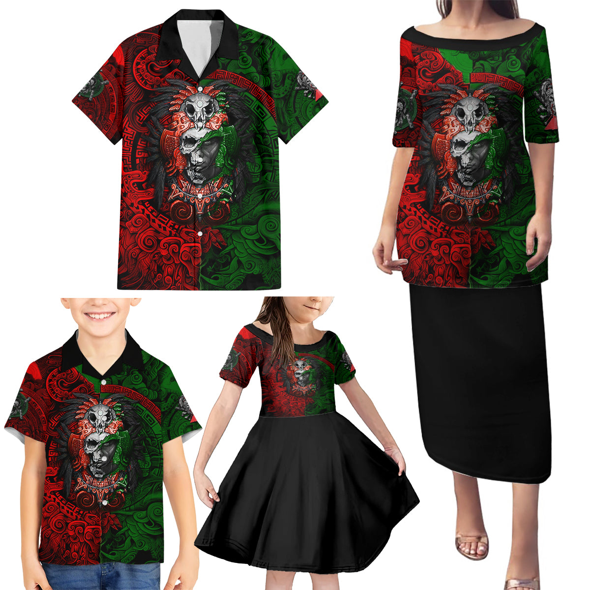 Skulls Aztec Warriors Family Matching Puletasi Dress and Hawaiian Shirt - Wonder Print Shop