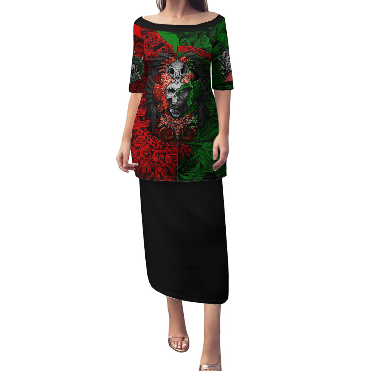 Skulls Aztec Warriors Family Matching Puletasi Dress and Hawaiian Shirt - Wonder Print Shop