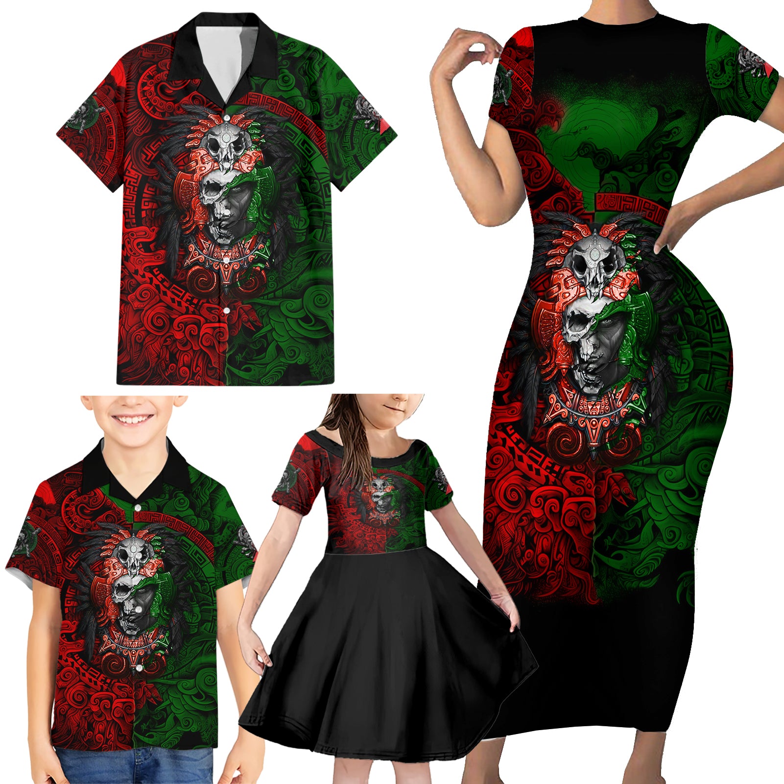 Skulls Aztec Warriors Family Matching Short Sleeve Bodycon Dress and Hawaiian Shirt - Wonder Print Shop