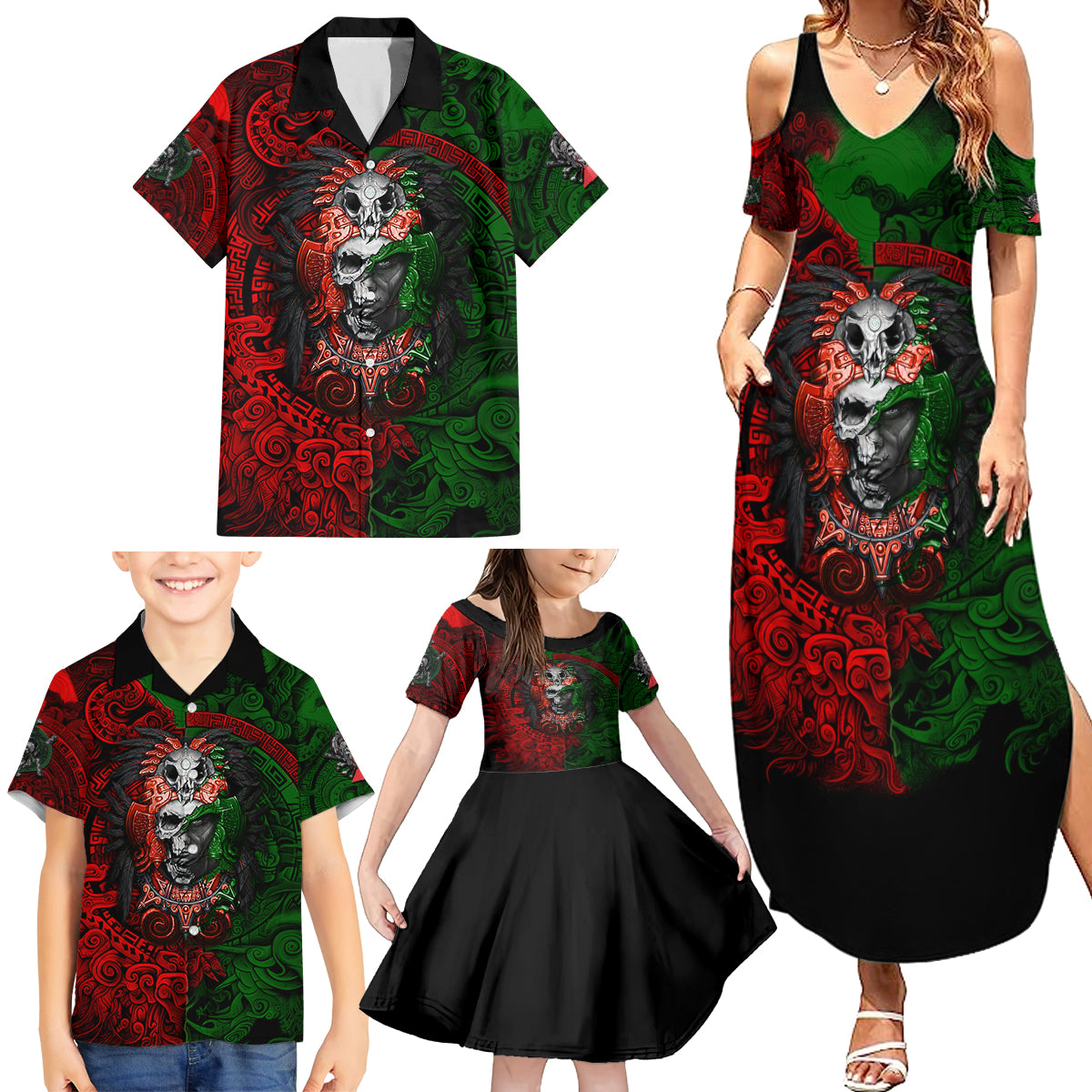 Skulls Aztec Warriors Family Matching Summer Maxi Dress and Hawaiian Shirt - Wonder Print Shop