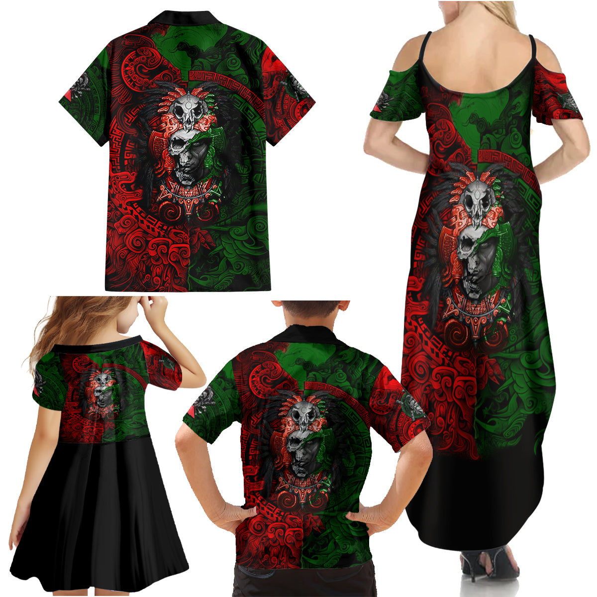 Skulls Aztec Warriors Family Matching Summer Maxi Dress and Hawaiian Shirt - Wonder Print Shop