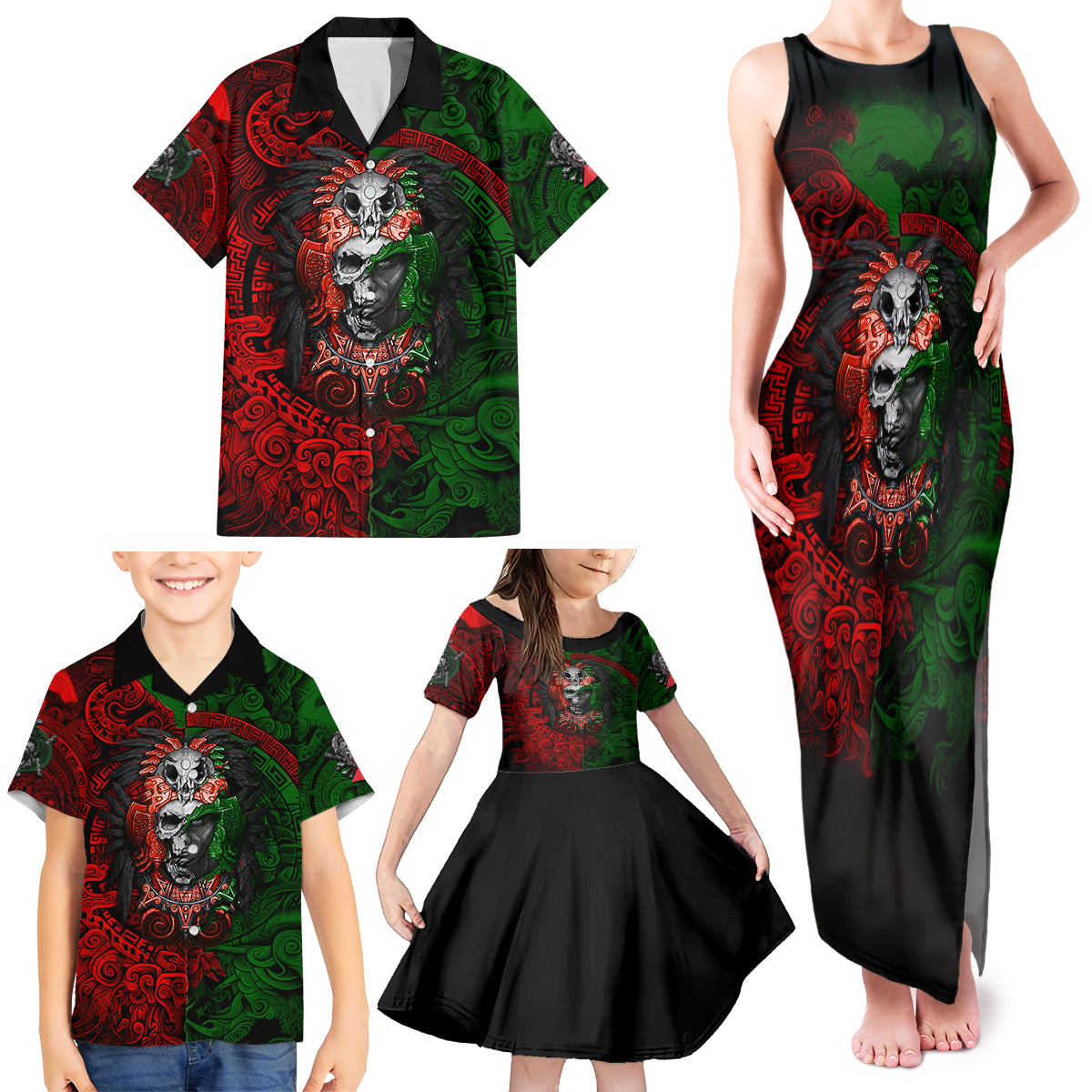 Skulls Aztec Warriors Family Matching Tank Maxi Dress and Hawaiian Shirt - Wonder Print Shop