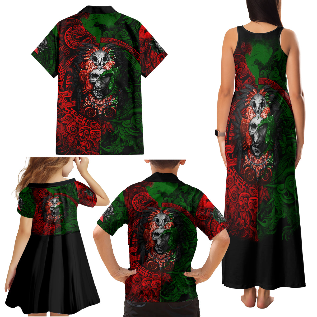 Skulls Aztec Warriors Family Matching Tank Maxi Dress and Hawaiian Shirt - Wonder Print Shop
