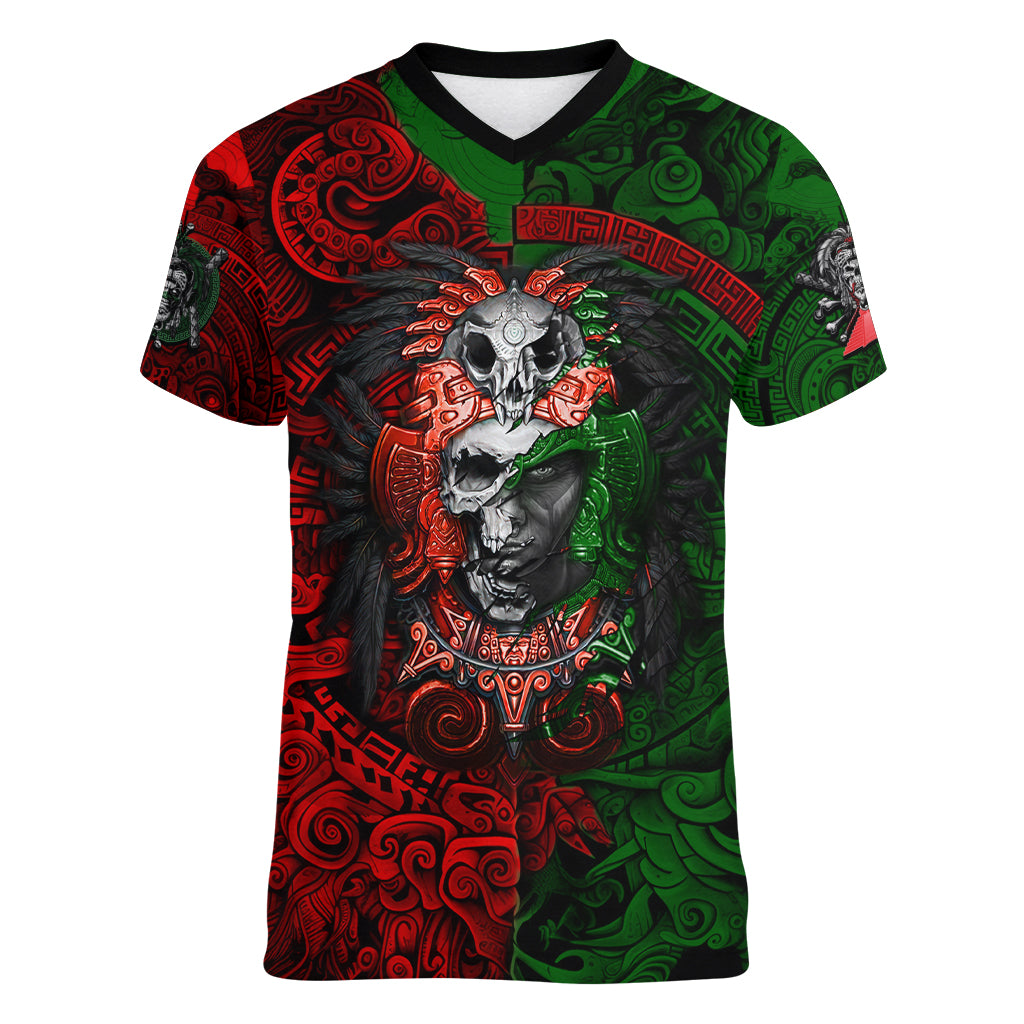 Skulls Aztec Warriors Women V Neck T Shirt - Wonder Print Shop