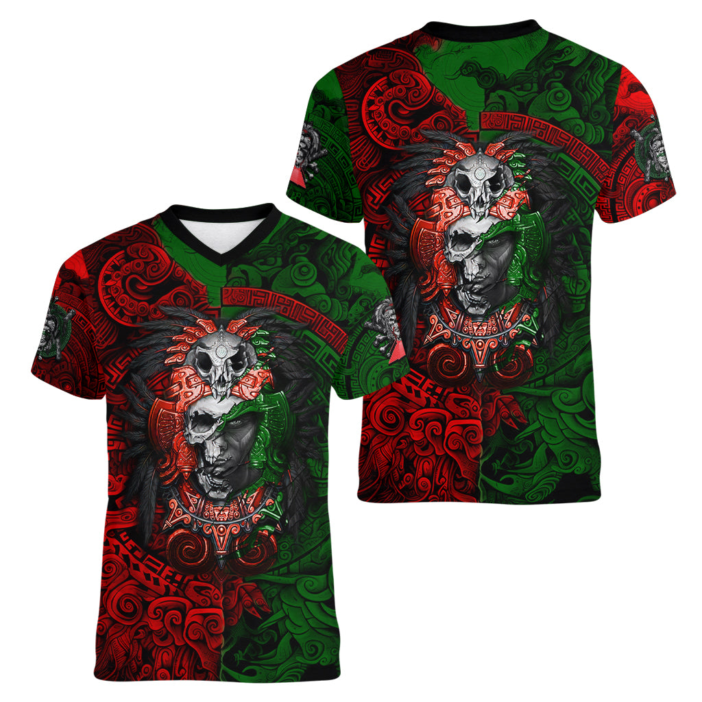Skulls Aztec Warriors Women V Neck T Shirt - Wonder Print Shop