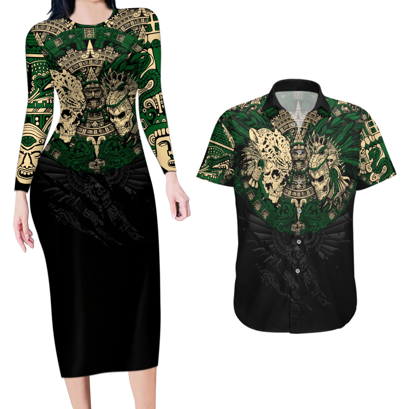 Aztec Warrior Skulls Couples Matching Long Sleeve Bodycon Dress and Hawaiian Shirt - Wonder Print Shop