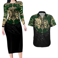 Aztec Warrior Skulls Couples Matching Long Sleeve Bodycon Dress and Hawaiian Shirt - Wonder Print Shop
