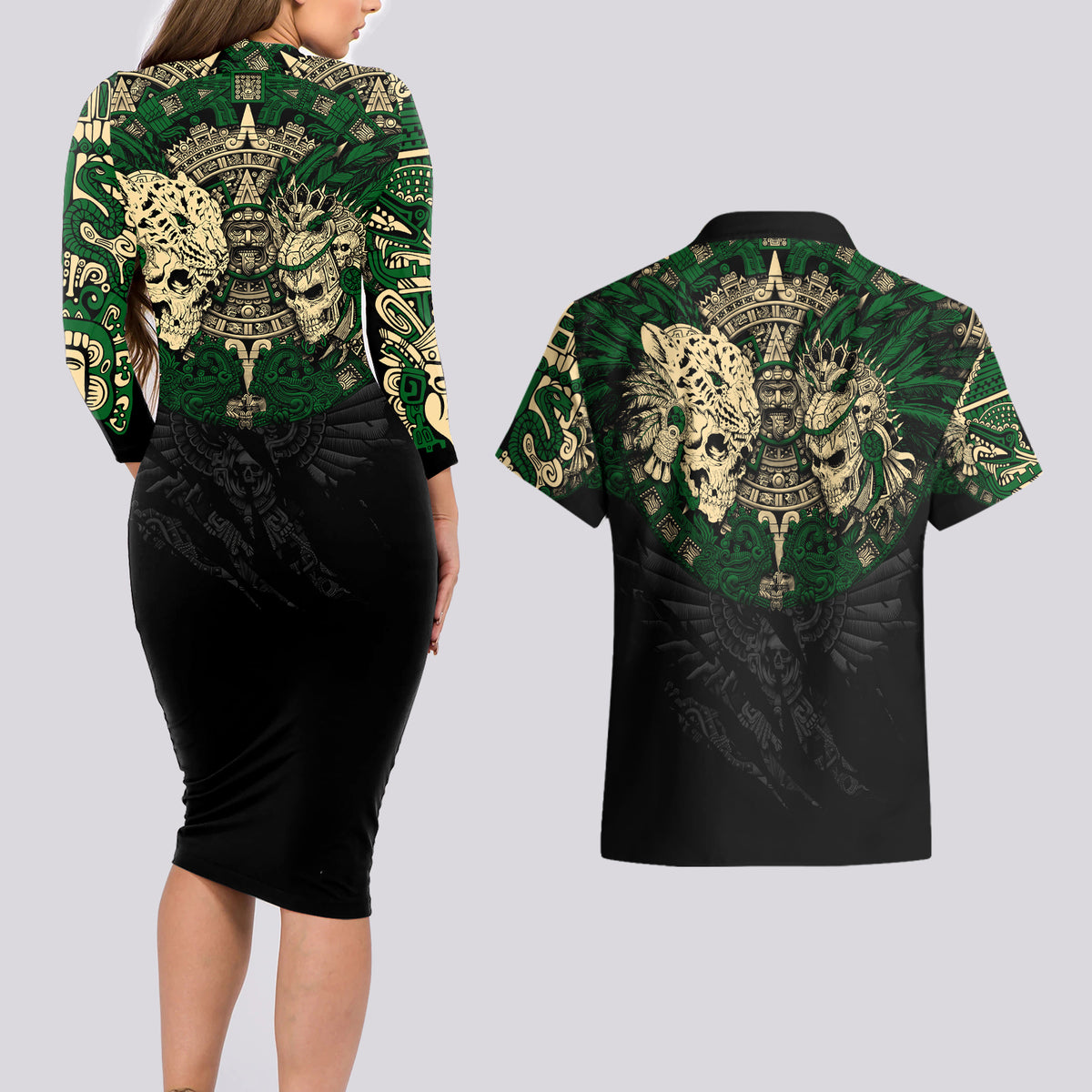 Aztec Warrior Skulls Couples Matching Long Sleeve Bodycon Dress and Hawaiian Shirt - Wonder Print Shop