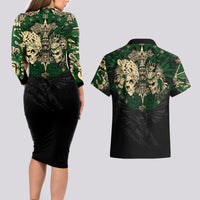 Aztec Warrior Skulls Couples Matching Long Sleeve Bodycon Dress and Hawaiian Shirt - Wonder Print Shop
