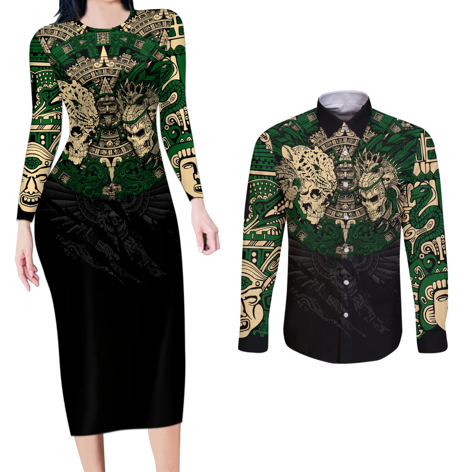 Aztec Warrior Skulls Couples Matching Long Sleeve Bodycon Dress and Long Sleeve Button Shirts - Wonder Print Shop
