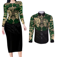 Aztec Warrior Skulls Couples Matching Long Sleeve Bodycon Dress and Long Sleeve Button Shirts - Wonder Print Shop