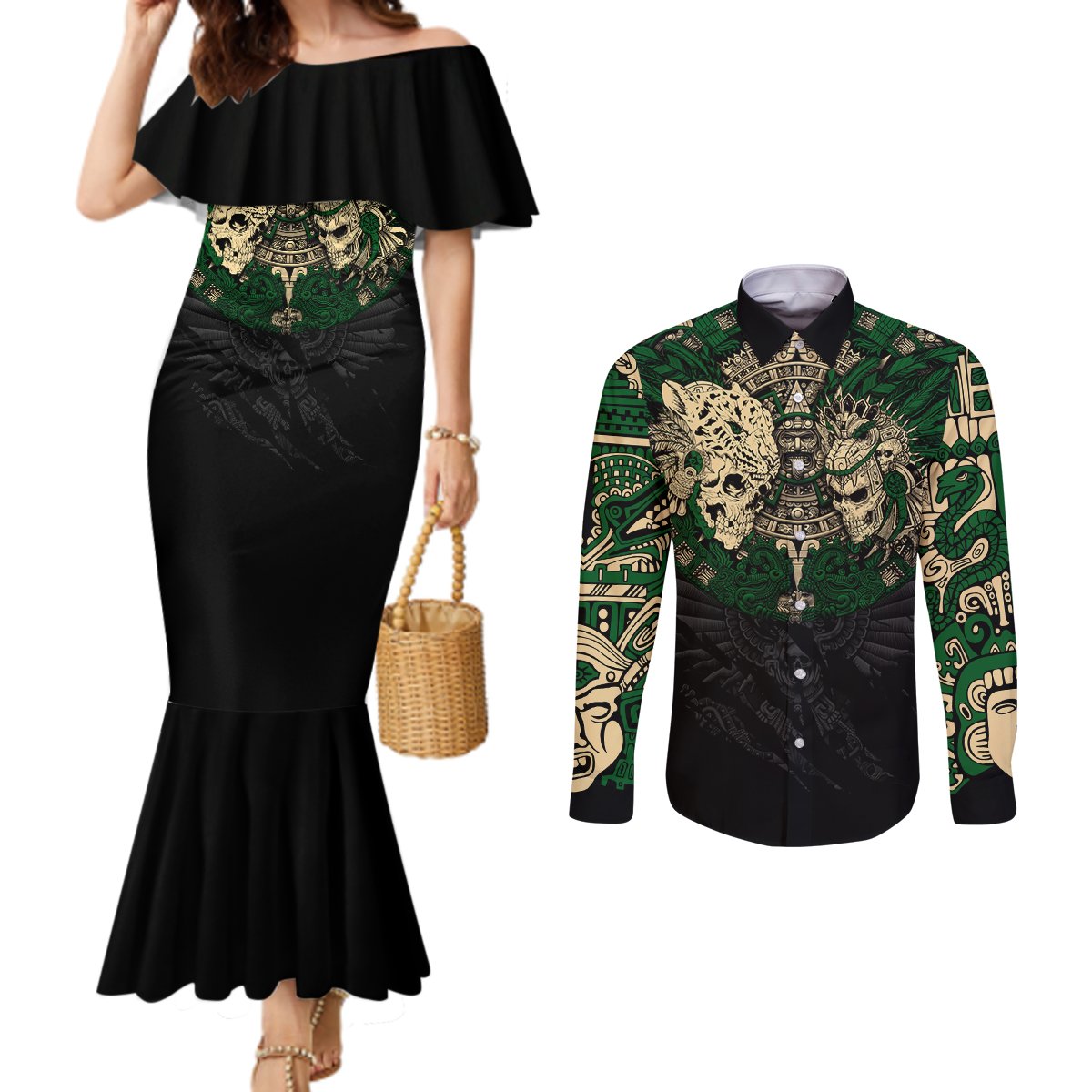aztec-warrior-skulls-couples-matching-mermaid-dress-and-long-sleeve-button-shirts