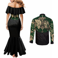 aztec-warrior-skulls-couples-matching-mermaid-dress-and-long-sleeve-button-shirts