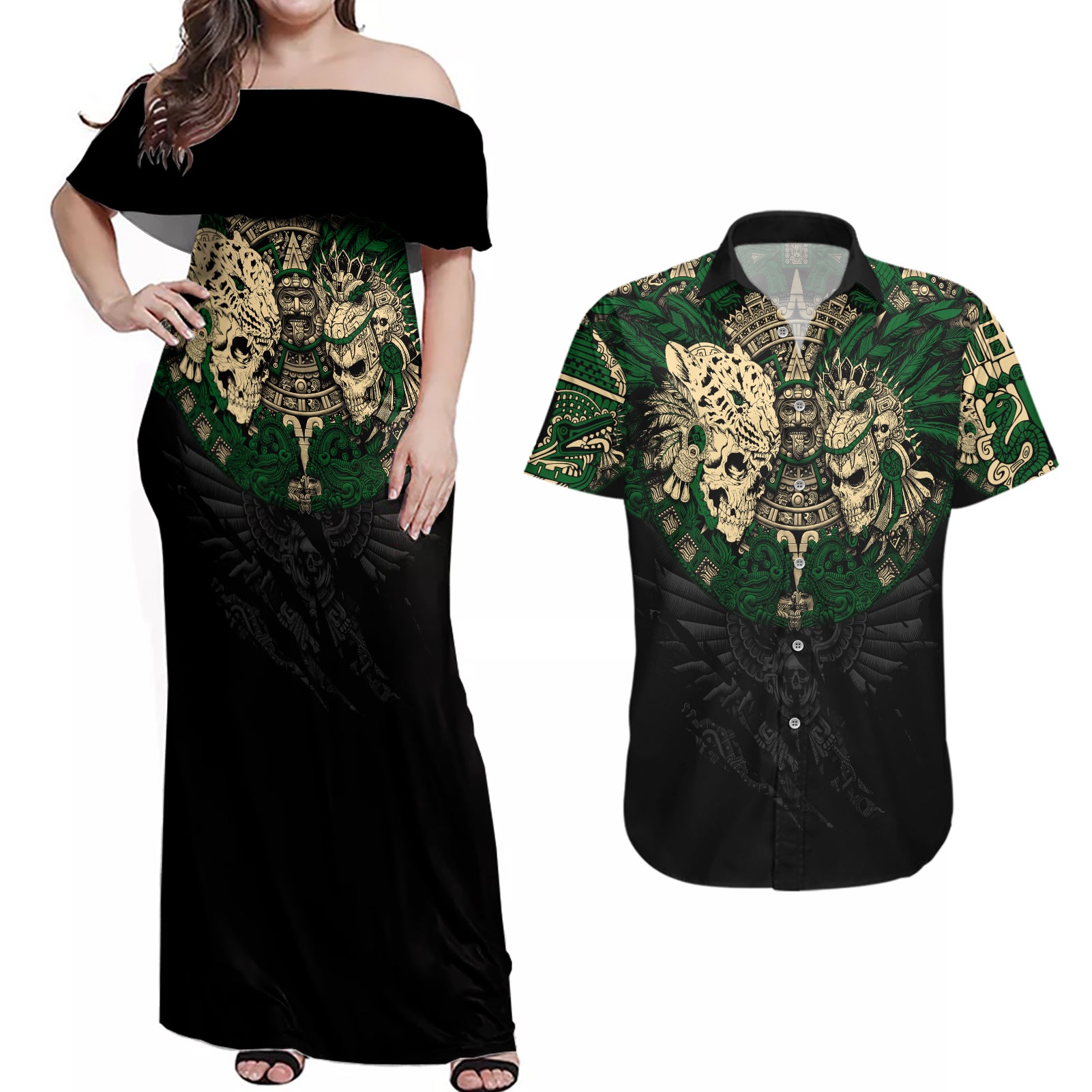 Aztec Warrior Skulls Couples Matching Off Shoulder Maxi Dress and Hawaiian Shirt - Wonder Print Shop