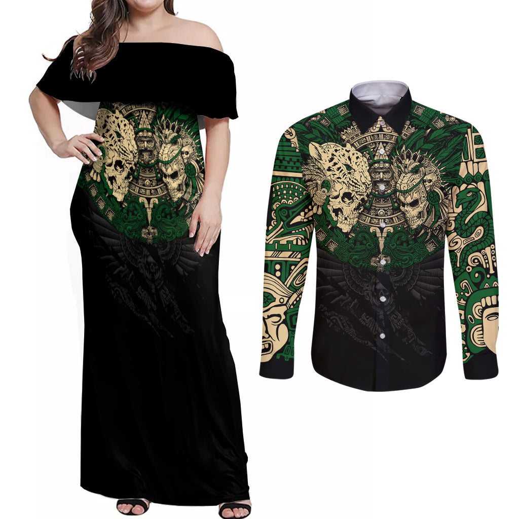 Aztec Warrior Skulls Couples Matching Off Shoulder Maxi Dress and Long Sleeve Button Shirts - Wonder Print Shop