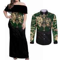 Aztec Warrior Skulls Couples Matching Off Shoulder Maxi Dress and Long Sleeve Button Shirts - Wonder Print Shop