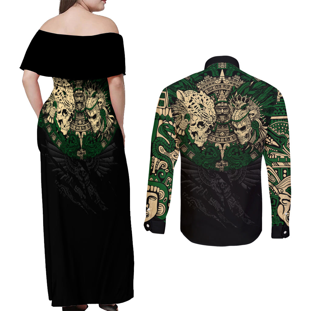 Aztec Warrior Skulls Couples Matching Off Shoulder Maxi Dress and Long Sleeve Button Shirts - Wonder Print Shop