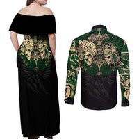 Aztec Warrior Skulls Couples Matching Off Shoulder Maxi Dress and Long Sleeve Button Shirts - Wonder Print Shop