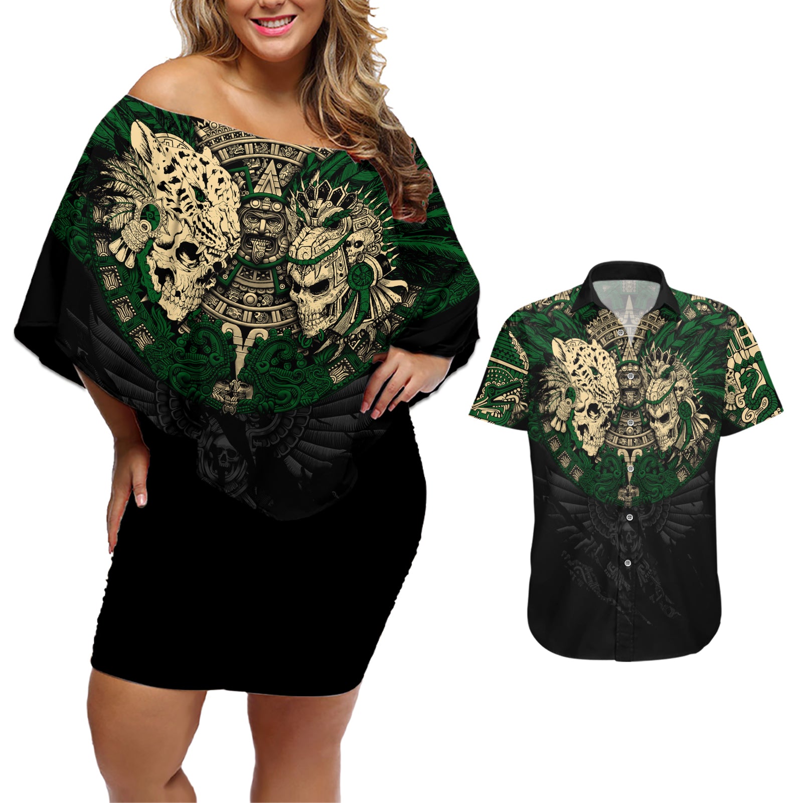 Aztec Warrior Skulls Couples Matching Off Shoulder Short Dress and Hawaiian Shirt - Wonder Print Shop