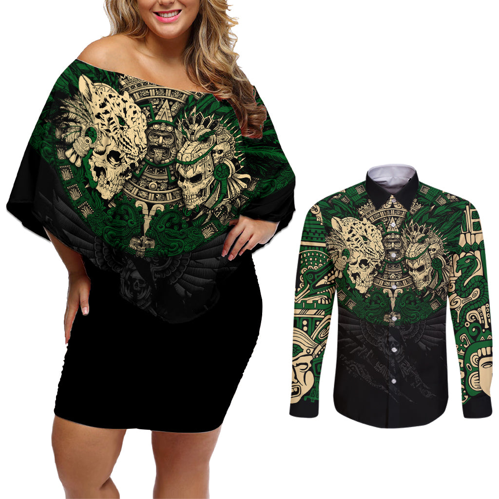 Aztec Warrior Skulls Couples Matching Off Shoulder Short Dress and Long Sleeve Button Shirts - Wonder Print Shop